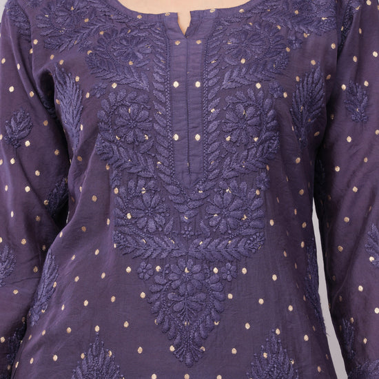 Ziva Mulberry blue Chanderi Silk Chikankari Coord Set - Lucknow Threads
