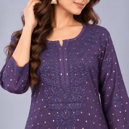 Ziva Mulberry blue Chanderi Silk Chikankari Coord Set - Lucknow Threads