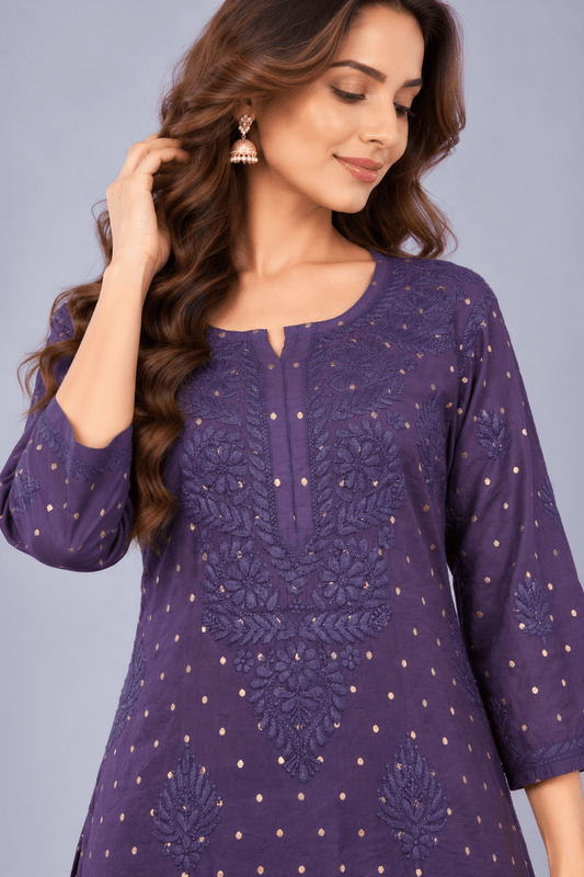 Ziva Mulberry blue Chanderi Silk Chikankari Coord Set - Lucknow Threads