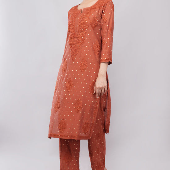 Ziva Rust Chanderi Silk Chikankari Coord Set - Lucknow Threads