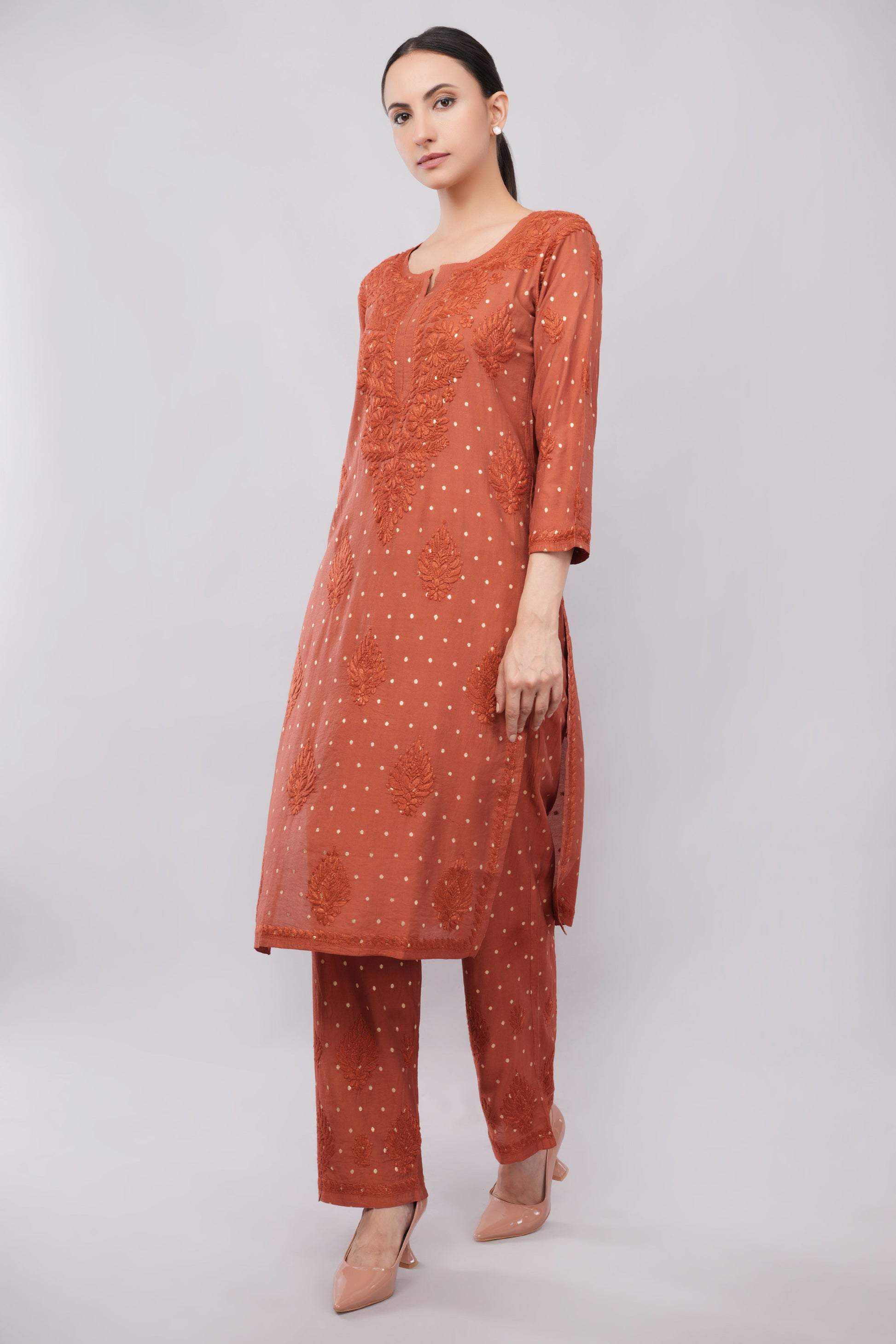 Ziva Rust Chanderi Silk Chikankari Coord Set - Lucknow Threads