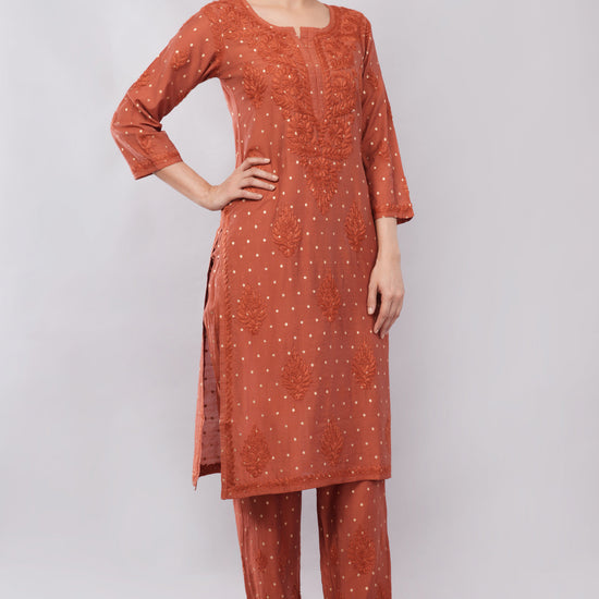 Ziva Rust Chanderi Silk Chikankari Coord Set - Lucknow Threads