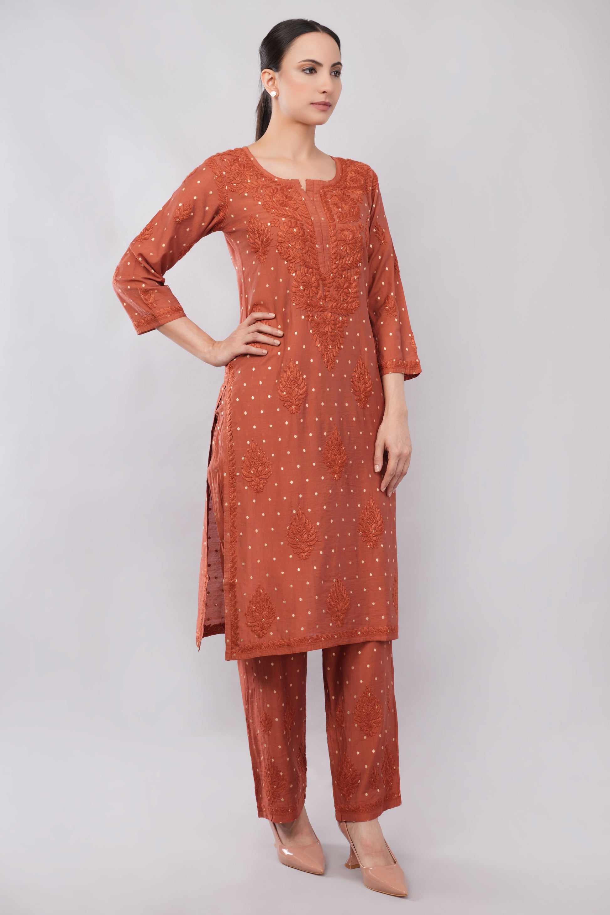 Ziva Rust Chanderi Silk Chikankari Coord Set - Lucknow Threads