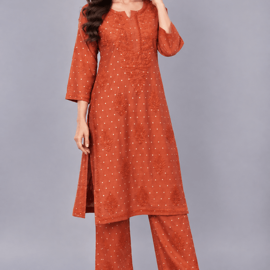 Ziva Rust Chanderi Silk Chikankari Coord Set - Lucknow Threads