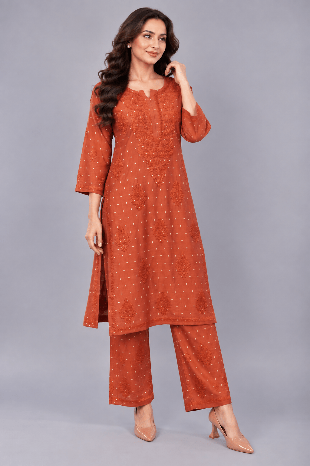 Ziva Rust Chanderi Silk Chikankari Coord Set - Lucknow Threads