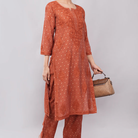 Ziva Rust Chanderi Silk Chikankari Coord Set - Lucknow Threads