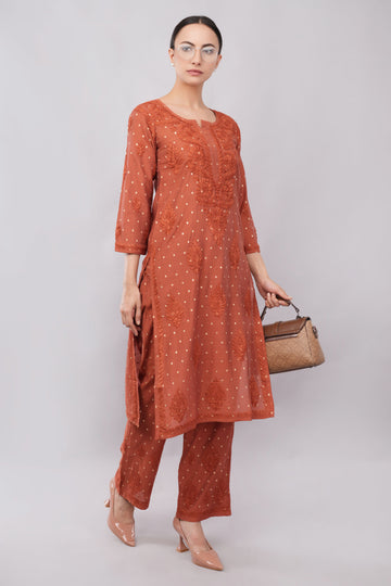 Ziva Rust Chanderi Silk Chikankari Coord Set - Lucknow Threads