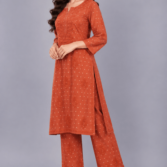 Ziva Rust Chanderi Silk Chikankari Coord Set - Lucknow Threads