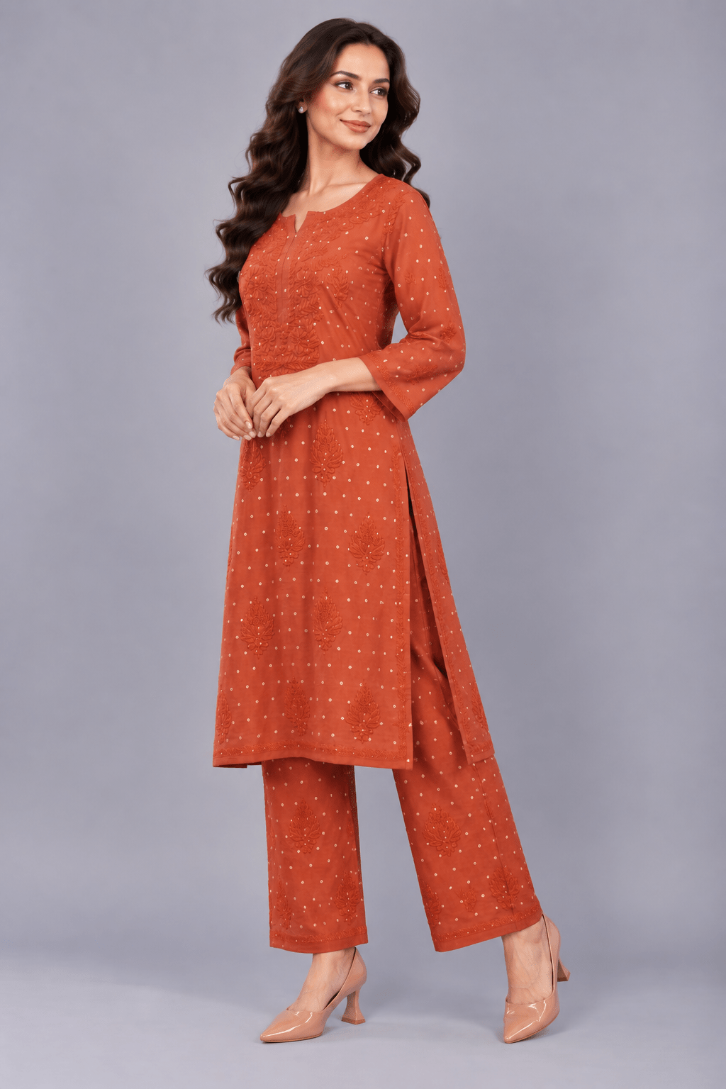 Ziva Rust Chanderi Silk Chikankari Coord Set - Lucknow Threads