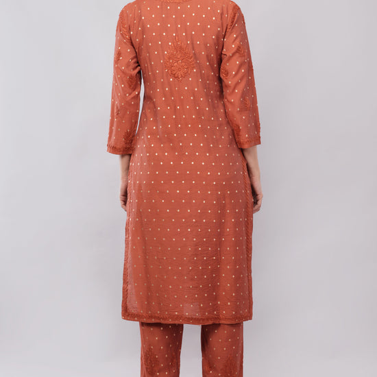 Ziva Rust Chanderi Silk Chikankari Coord Set - Lucknow Threads