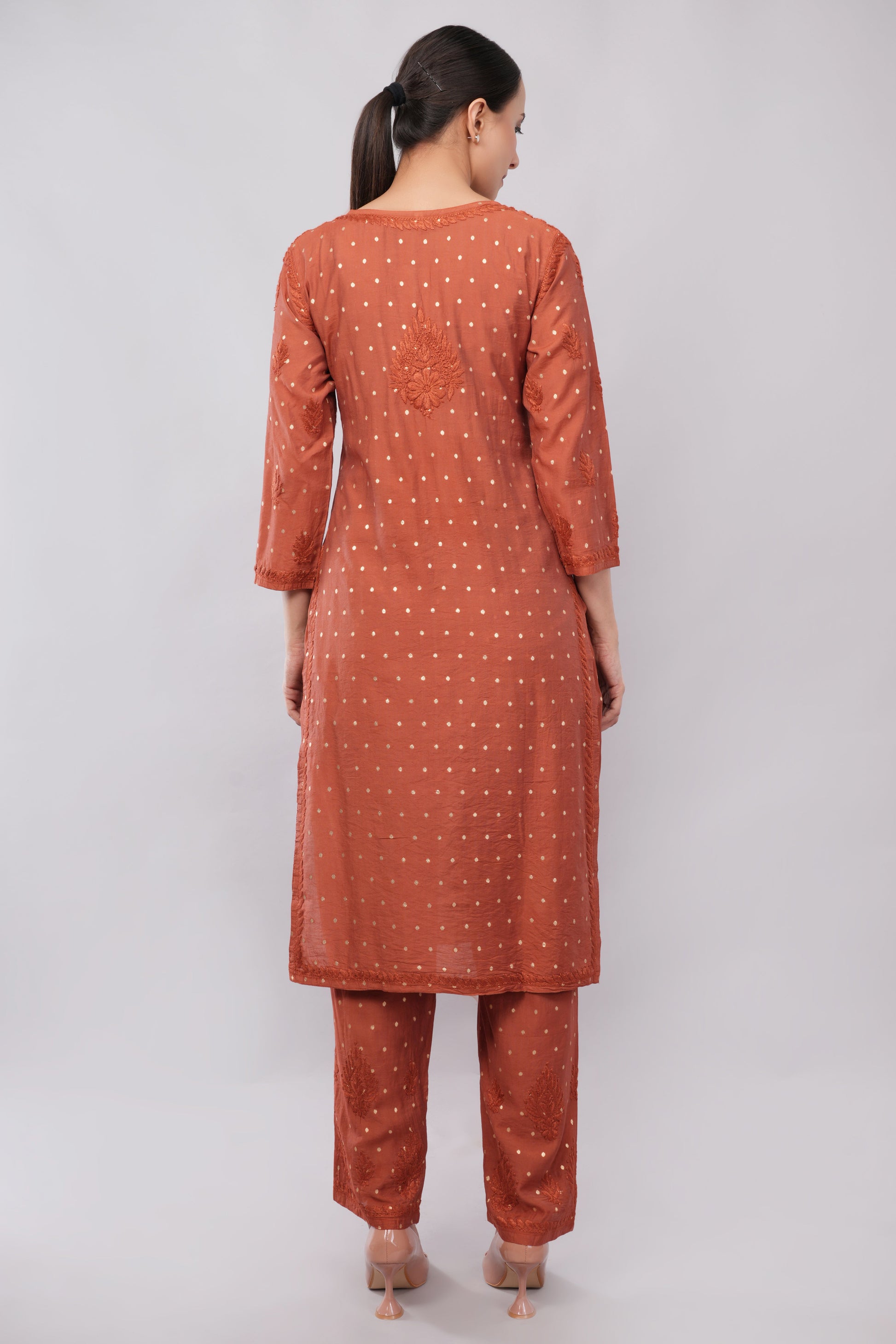 Ziva Rust Chanderi Silk Chikankari Coord Set - Lucknow Threads