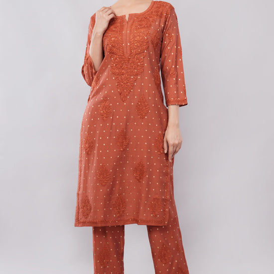 Ziva Rust Chanderi Silk Chikankari Coord Set - Lucknow Threads