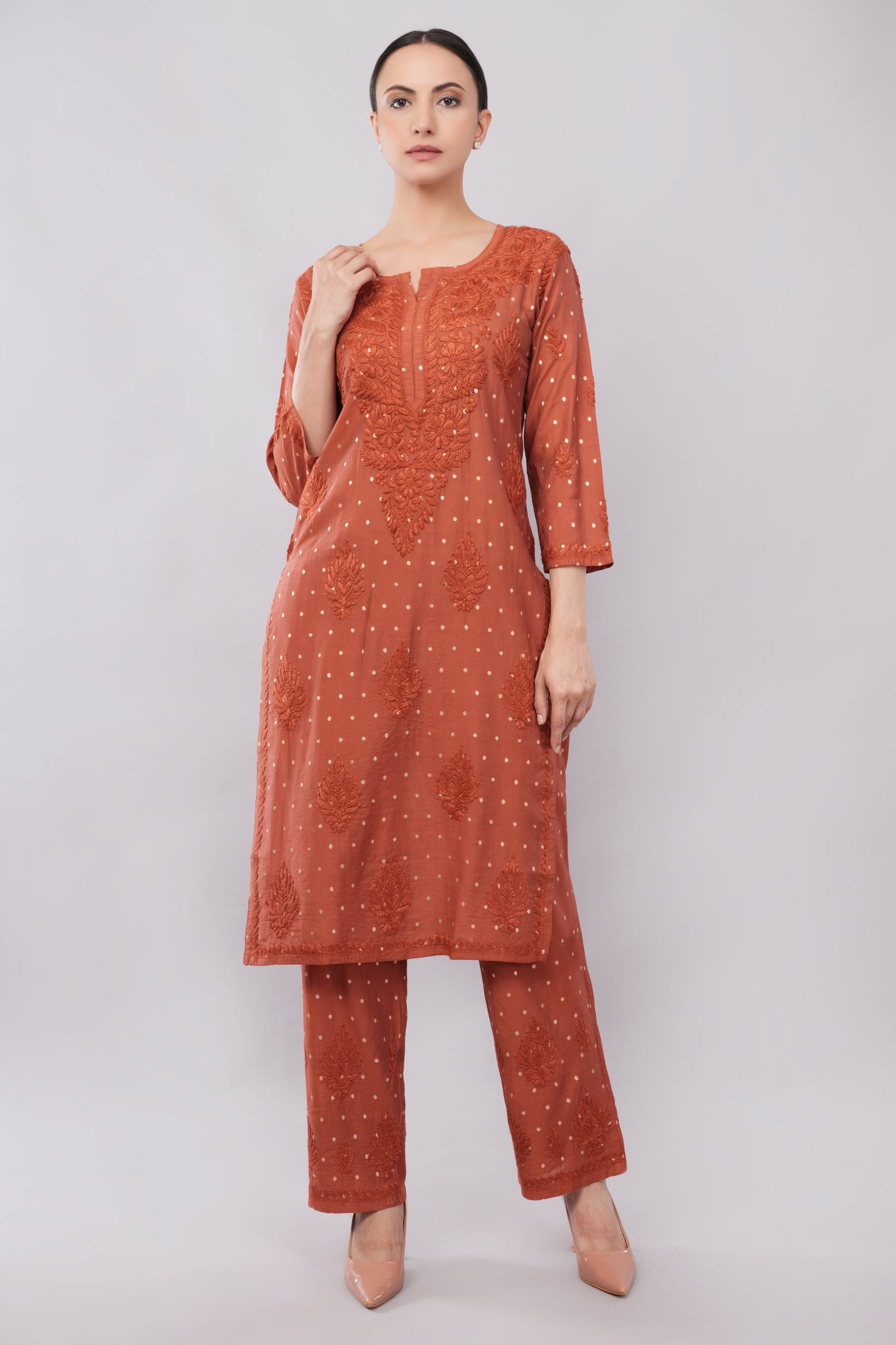 Ziva Rust Chanderi Silk Chikankari Coord Set - Lucknow Threads