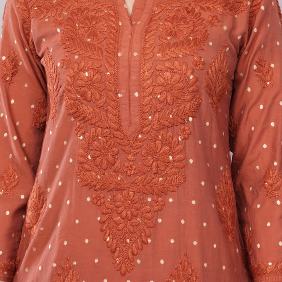 Ziva Rust Chanderi Silk Chikankari Coord Set - Lucknow Threads