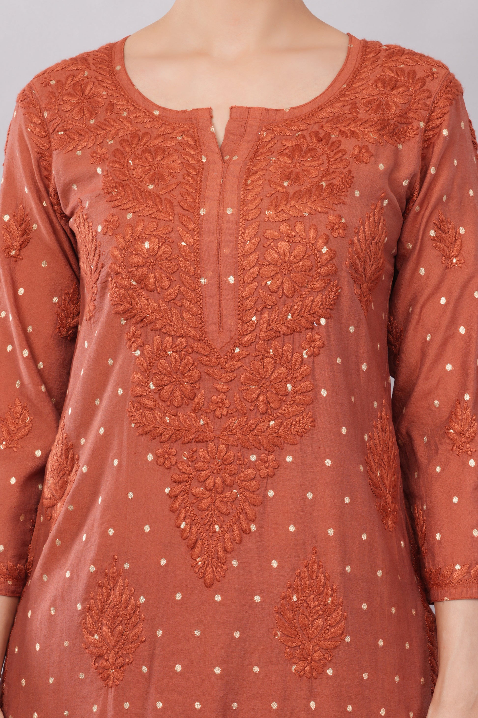 Ziva Rust Chanderi Silk Chikankari Coord Set - Lucknow Threads
