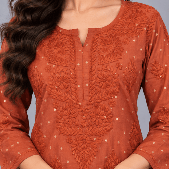 Ziva Rust Chanderi Silk Chikankari Coord Set - Lucknow Threads