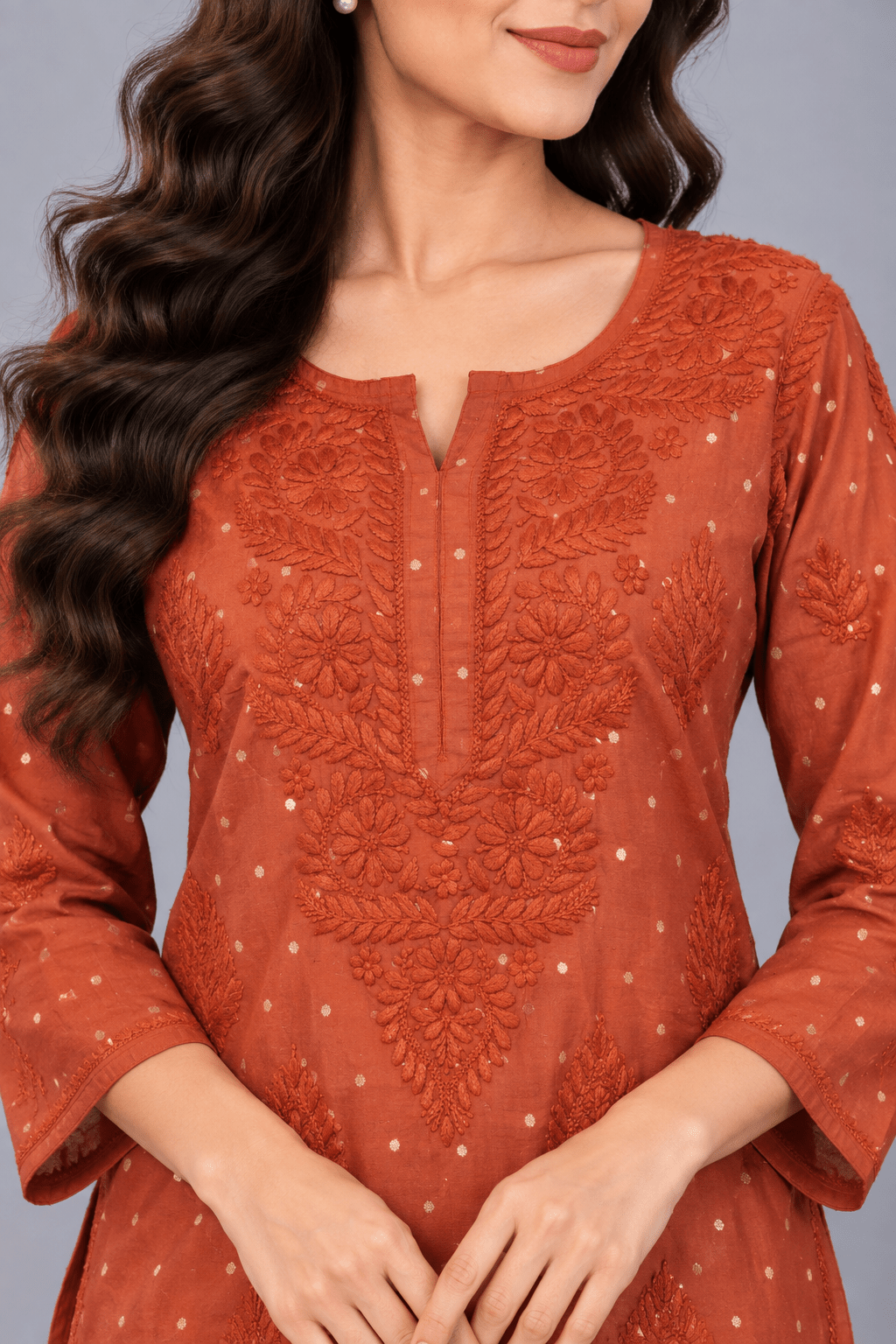 Ziva Rust Chanderi Silk Chikankari Coord Set - Lucknow Threads