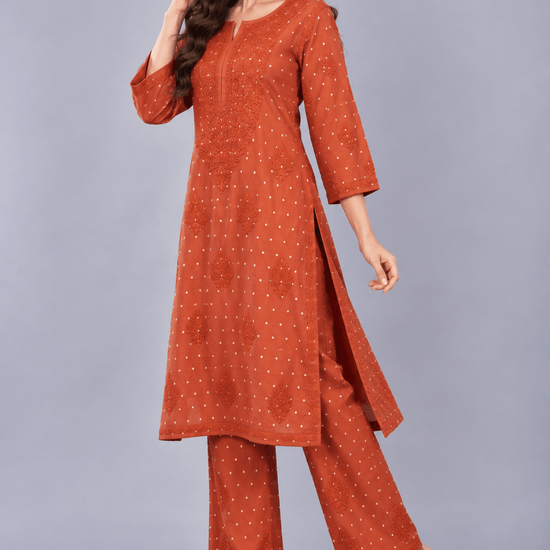Ziva Rust Chanderi Silk Chikankari Coord Set - Lucknow Threads