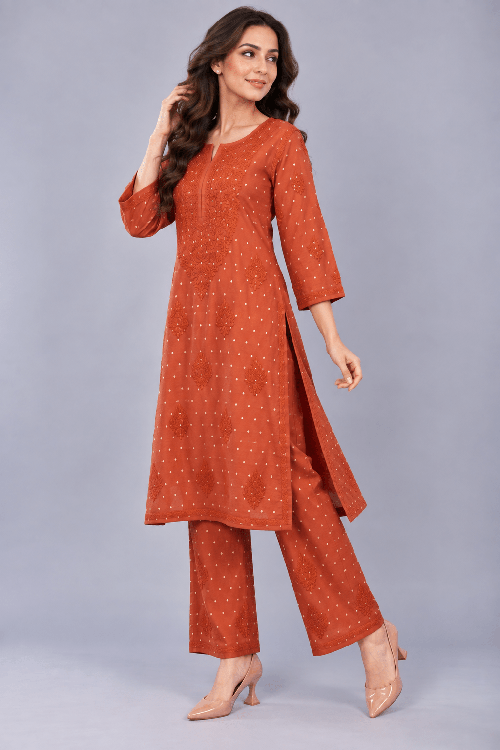 Ziva Rust Chanderi Silk Chikankari Coord Set - Lucknow Threads