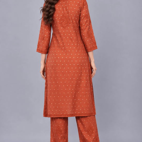 Ziva Rust Chanderi Silk Chikankari Coord Set - Lucknow Threads