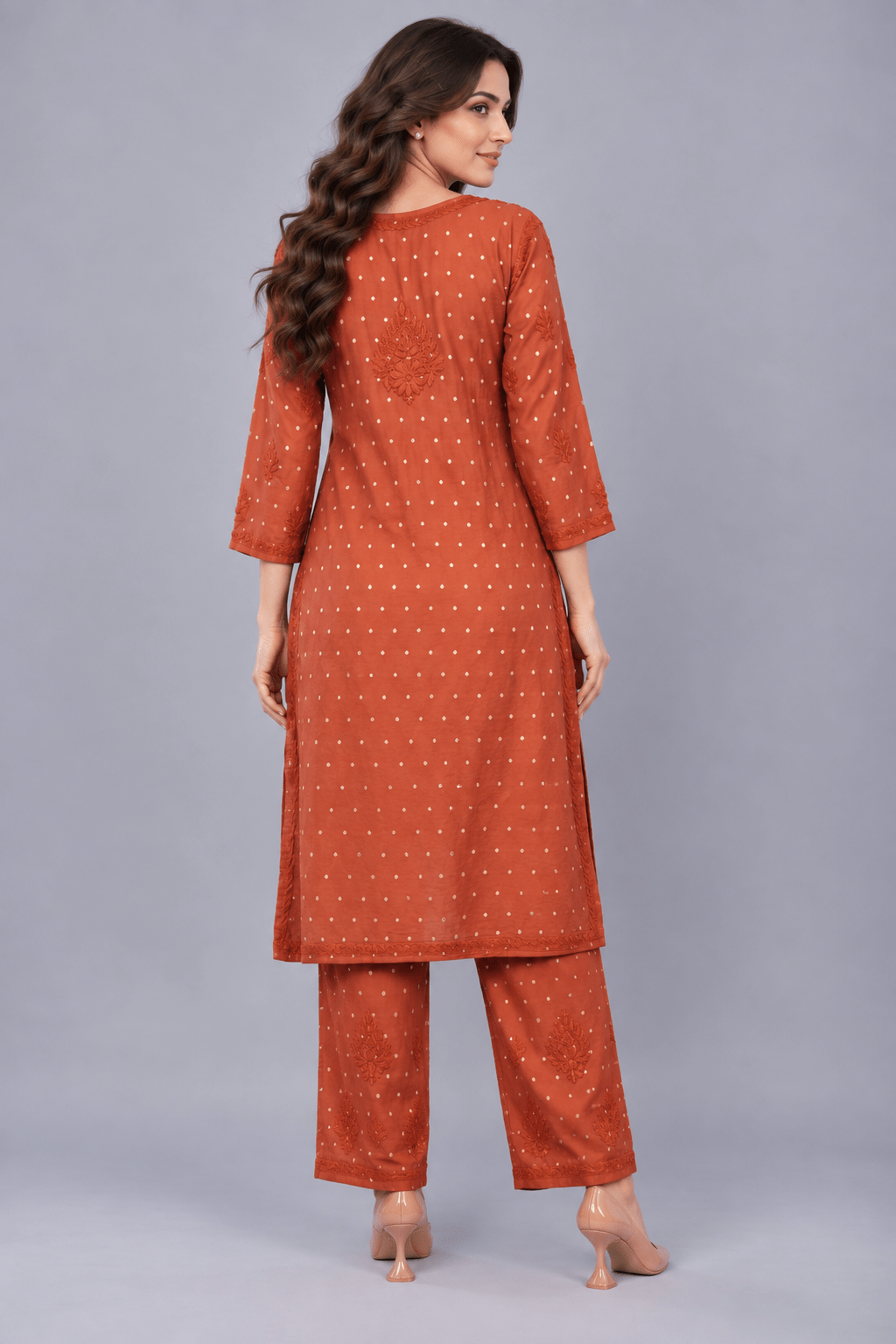 Ziva Rust Chanderi Silk Chikankari Coord Set - Lucknow Threads
