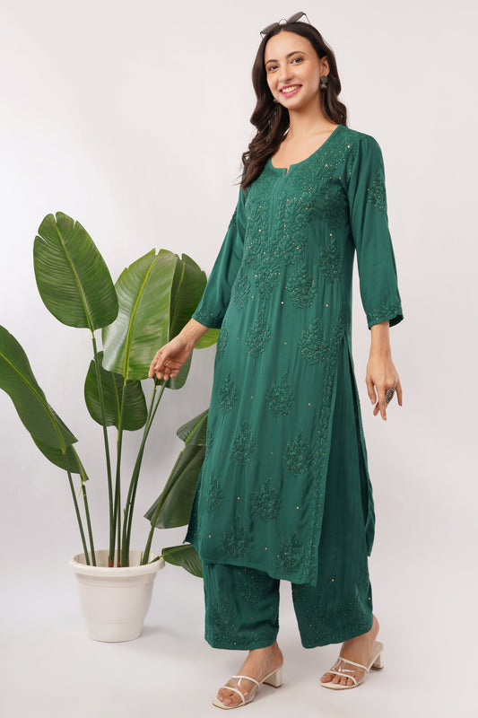 ZOYA – Bottle Green Kamdani Coord Set - Lucknow Threads