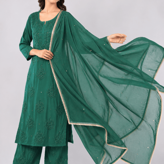 Zoya Chiffon Bottle Green Dupatta with Muqaish Kamdani - Lucknow Threads700_BGRN