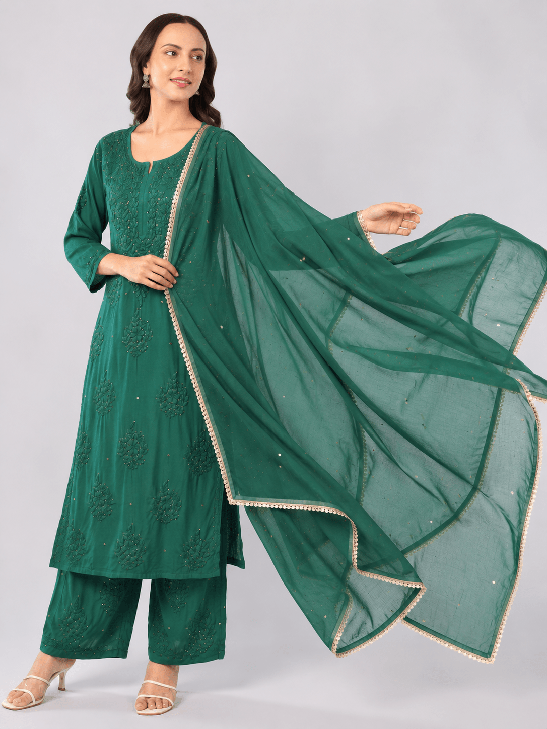 Zoya Chiffon Bottle Green Dupatta with Muqaish Kamdani - Lucknow Threads700_BGRN