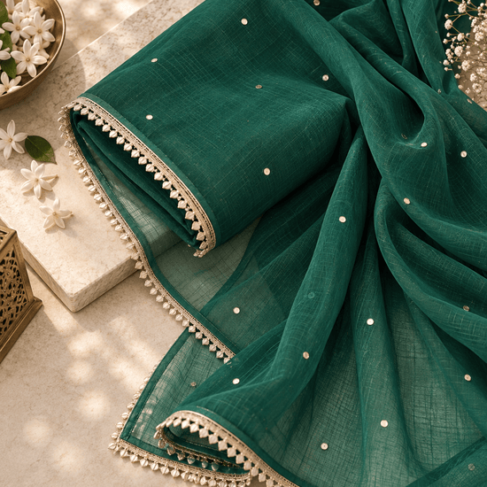 Zoya Chiffon Bottle Green Dupatta with Muqaish Kamdani - Lucknow Threads700_BGRN