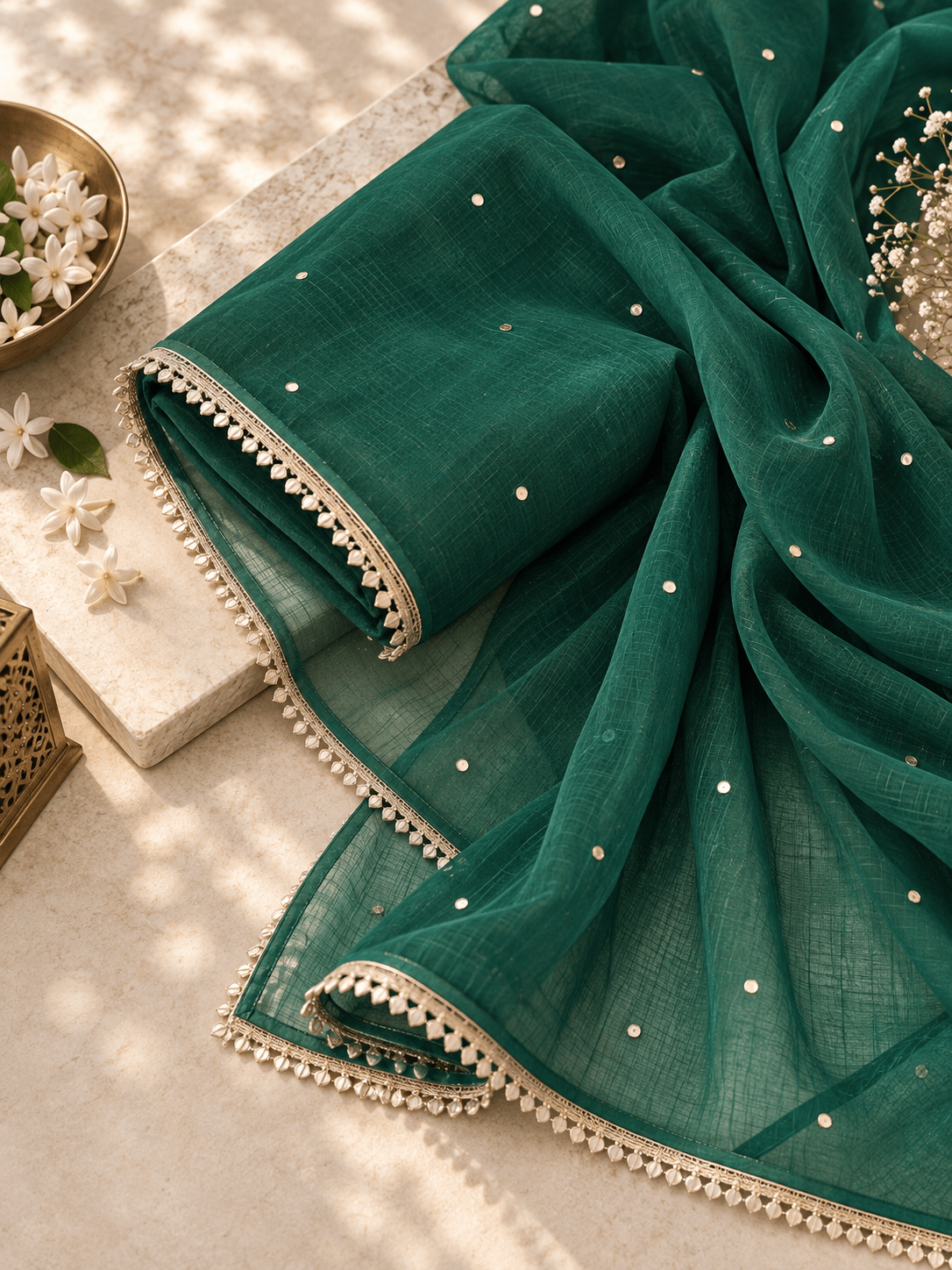 Zoya Chiffon Bottle Green Dupatta with Muqaish Kamdani - Lucknow Threads700_BGRN