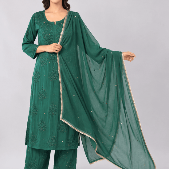 Zoya Chiffon Bottle Green Dupatta with Muqaish Kamdani - Lucknow Threads700_BGRN