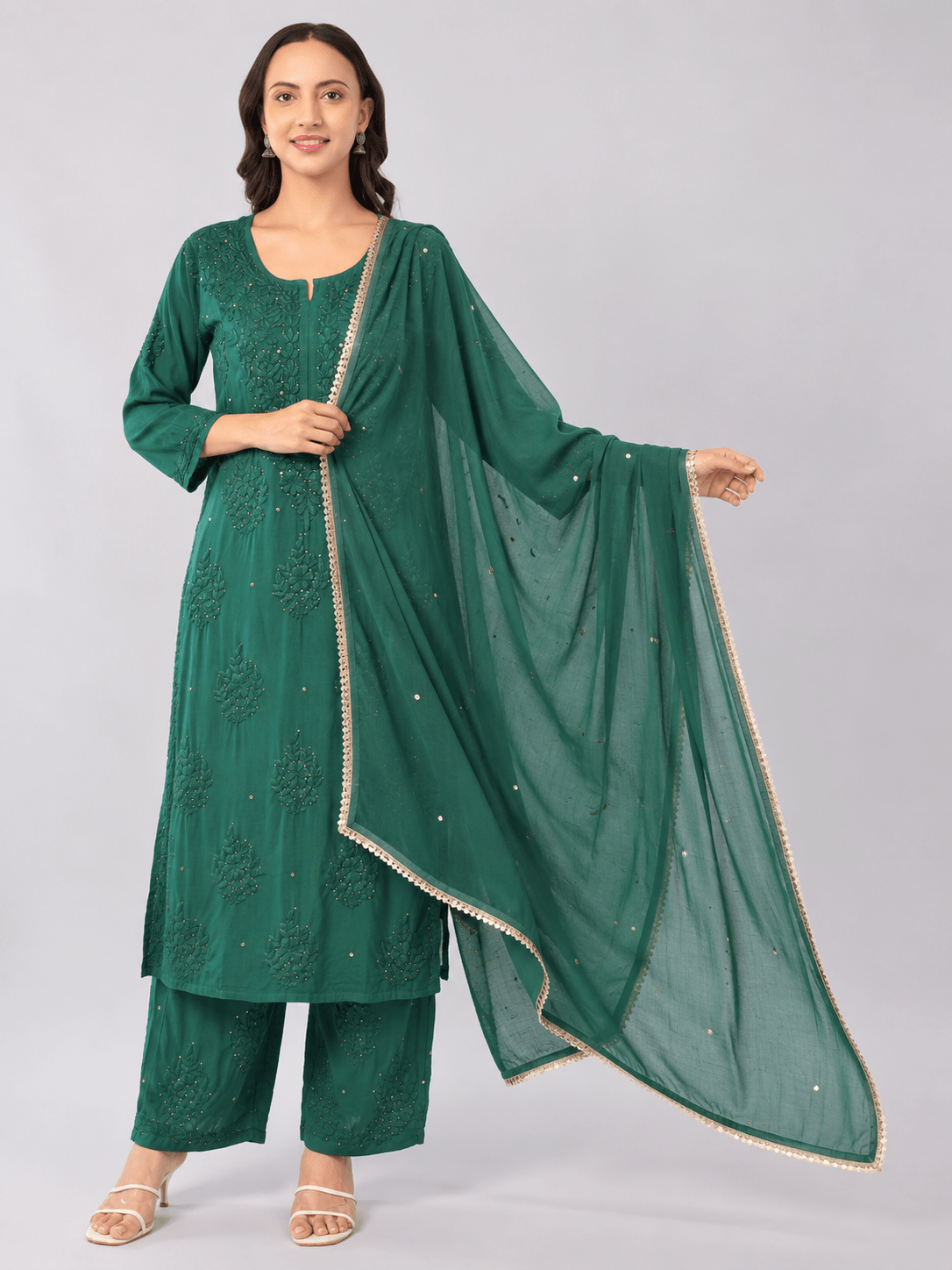 Zoya Chiffon Bottle Green Dupatta with Muqaish Kamdani - Lucknow Threads700_BGRN