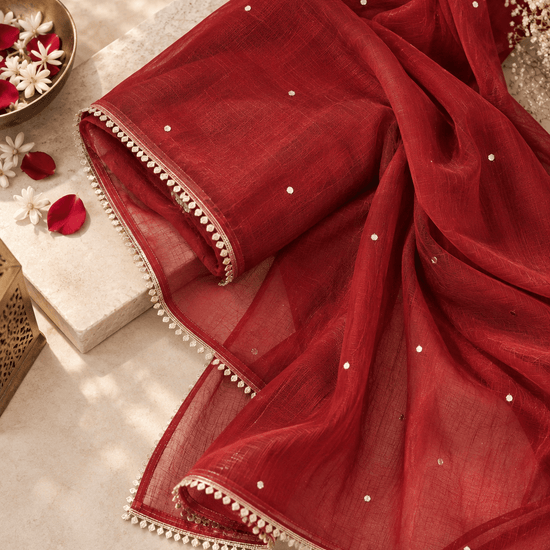 Zoya Chiffon Festive Red Dupatta with Muqaish Kamdani - Lucknow Threads700_RED