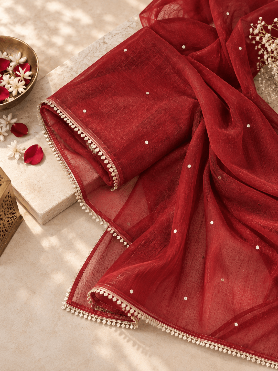 Zoya Chiffon Festive Red Dupatta with Muqaish Kamdani - Lucknow Threads700_RED