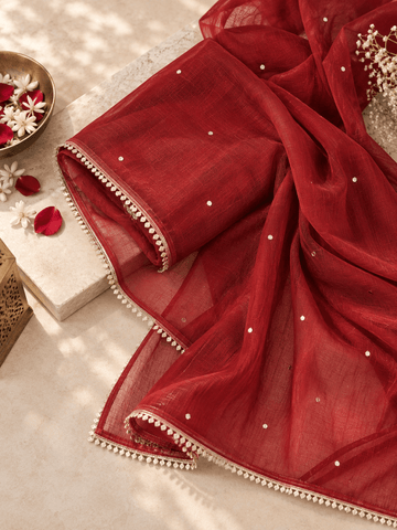 Zoya Chiffon Festive Red Dupatta with Muqaish Kamdani - Lucknow Threads700_RED