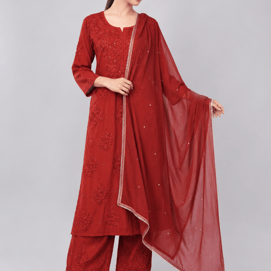 Zoya Chiffon Festive Red Dupatta with Muqaish Kamdani - Lucknow Threads700_RED