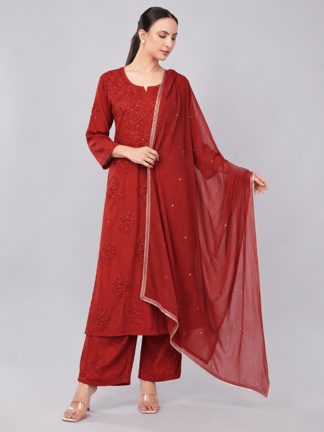 Zoya Chiffon Festive Red Dupatta with Muqaish Kamdani - Lucknow Threads700_RED