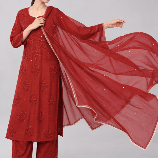 Zoya Chiffon Festive Red Dupatta with Muqaish Kamdani - Lucknow Threads700_RED