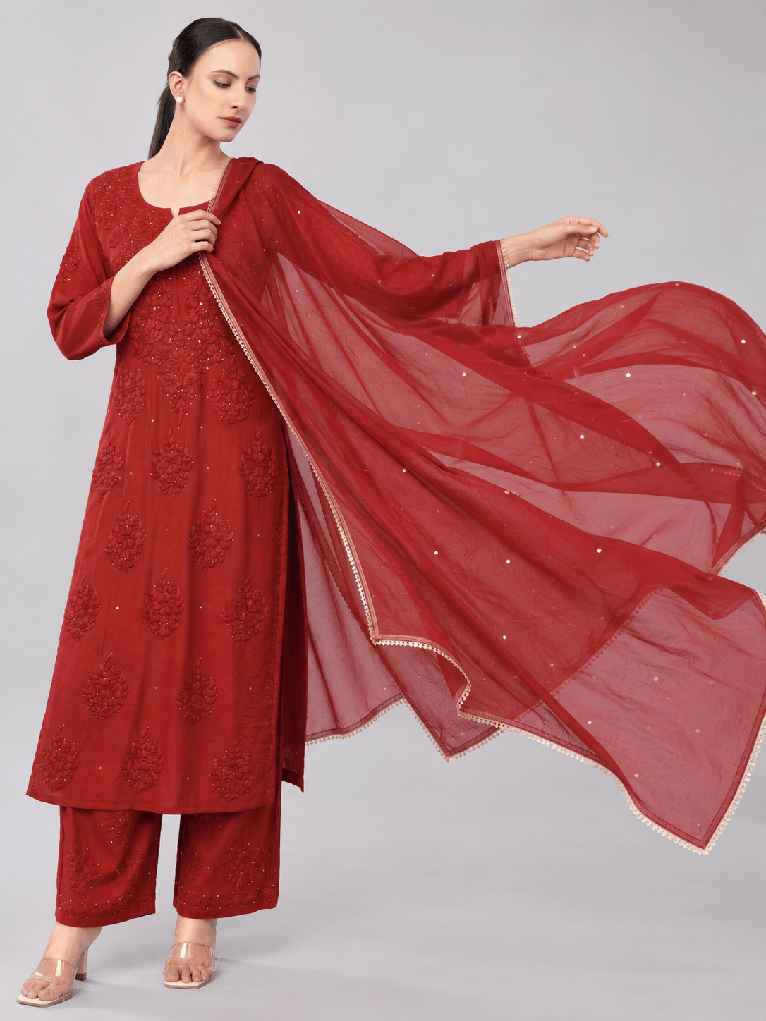 Zoya Chiffon Festive Red Dupatta with Muqaish Kamdani - Lucknow Threads700_RED