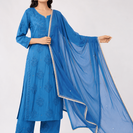 Zoya Chiffon Royal Blue Dupatta with Muqaish Kamdani - Lucknow Threads700_RBLUE