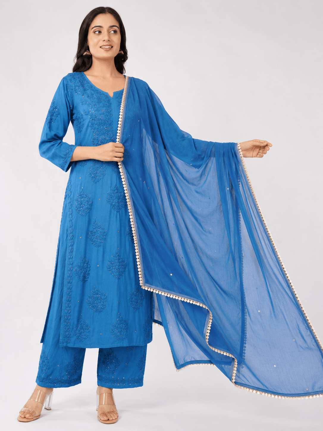 Zoya Chiffon Royal Blue Dupatta with Muqaish Kamdani - Lucknow Threads700_RBLUE