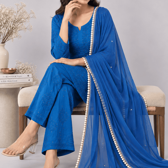 Zoya Chiffon Royal Blue Dupatta with Muqaish Kamdani - Lucknow Threads700_RBLUE