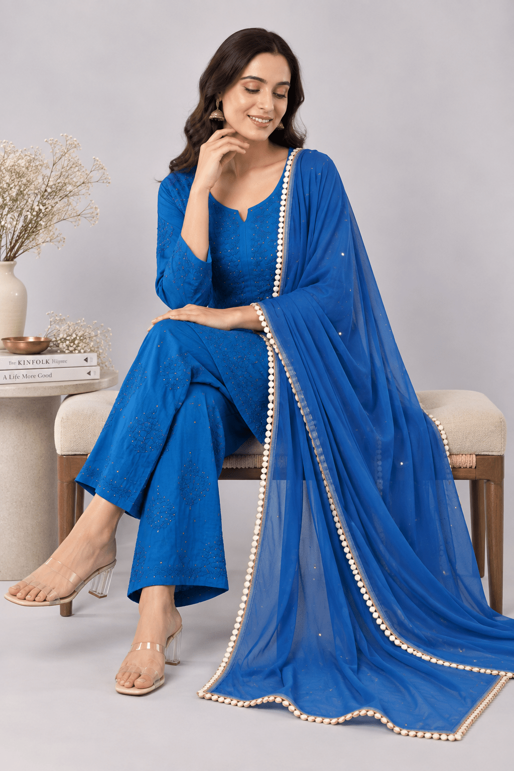 Zoya Chiffon Royal Blue Dupatta with Muqaish Kamdani - Lucknow Threads700_RBLUE