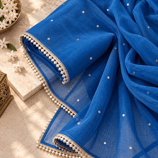 Zoya Chiffon Royal Blue Dupatta with Muqaish Kamdani - Lucknow Threads700_RBLUE