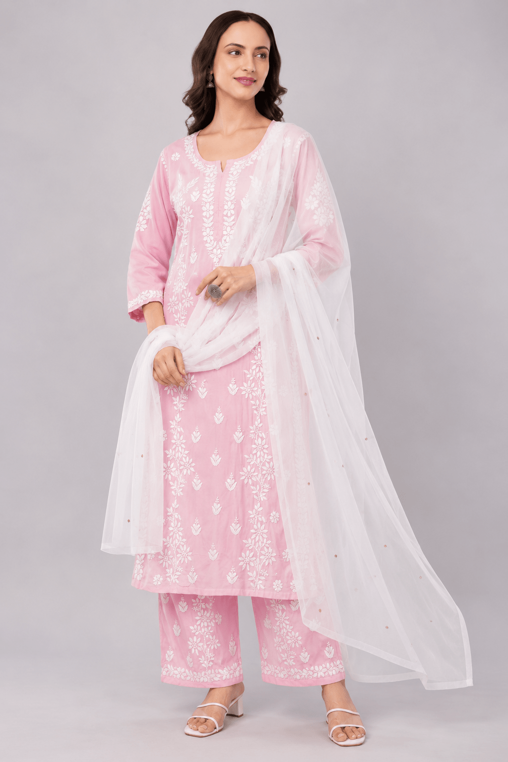 Zoya chiffon white dupatta with muqaish kamdani - Lucknow Threads700_WHT