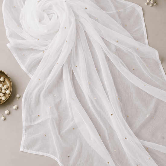 Zoya chiffon white dupatta with muqaish kamdani - Lucknow Threads700_WHT