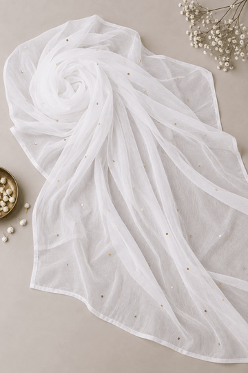 Zoya chiffon white dupatta with muqaish kamdani - Lucknow Threads700_WHT