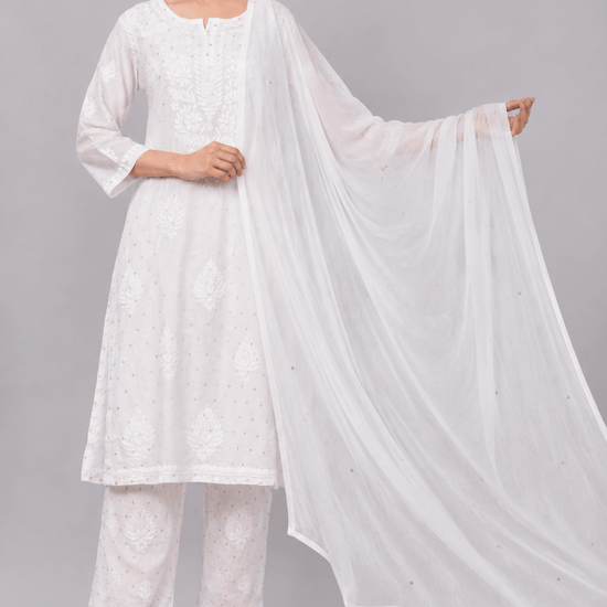 Zoya chiffon white dupatta with muqaish kamdani - Lucknow Threads700_WHT