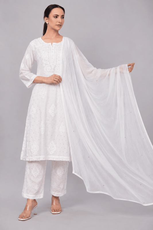Zoya chiffon white dupatta with muqaish kamdani - Lucknow Threads700_WHT