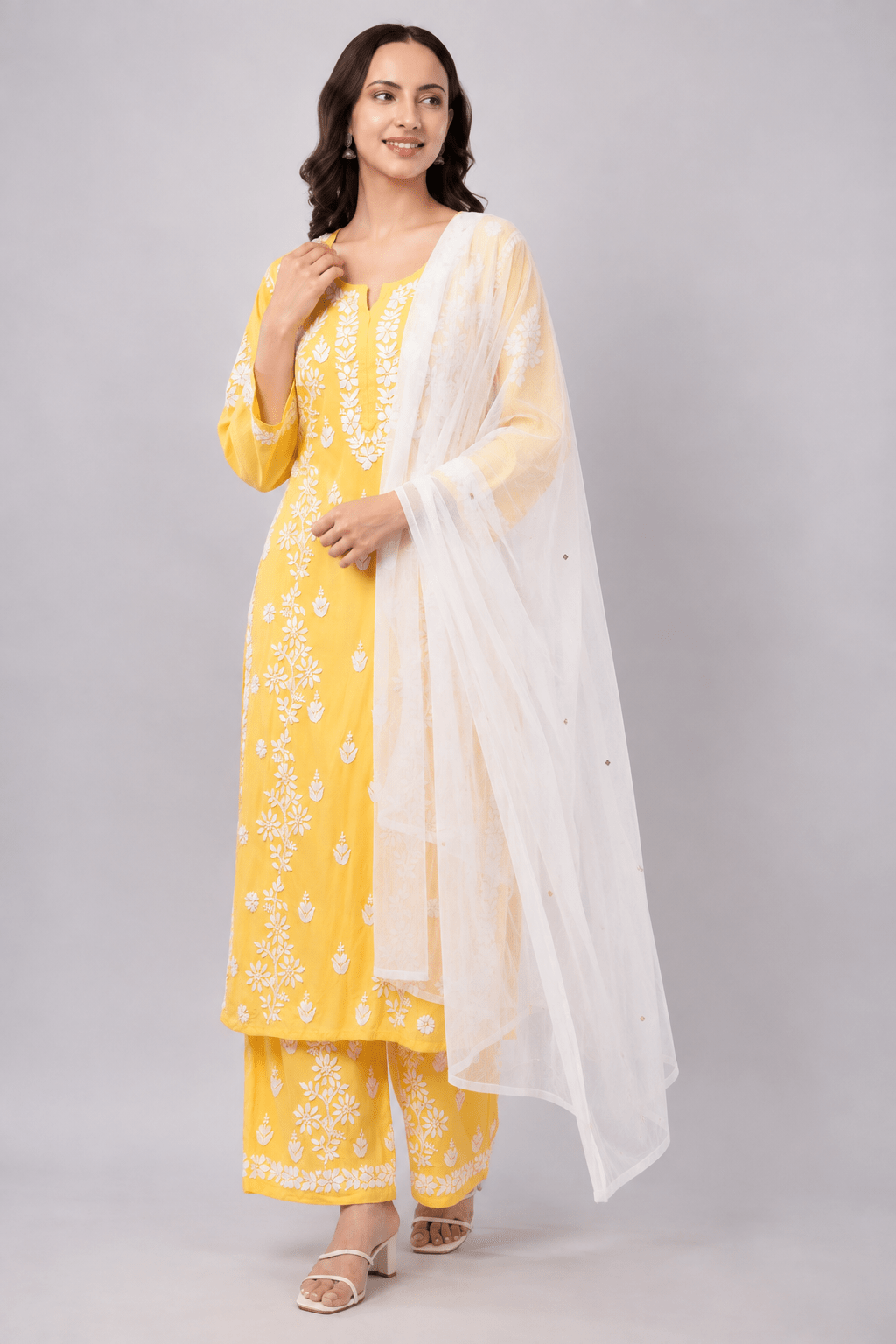 Zoya chiffon white dupatta with muqaish kamdani - Lucknow Threads700_WHT